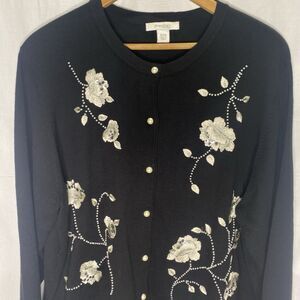 Dressbarn Woman Embroidered Beaded Cardigan Floral Plus Size 18 20 Black White